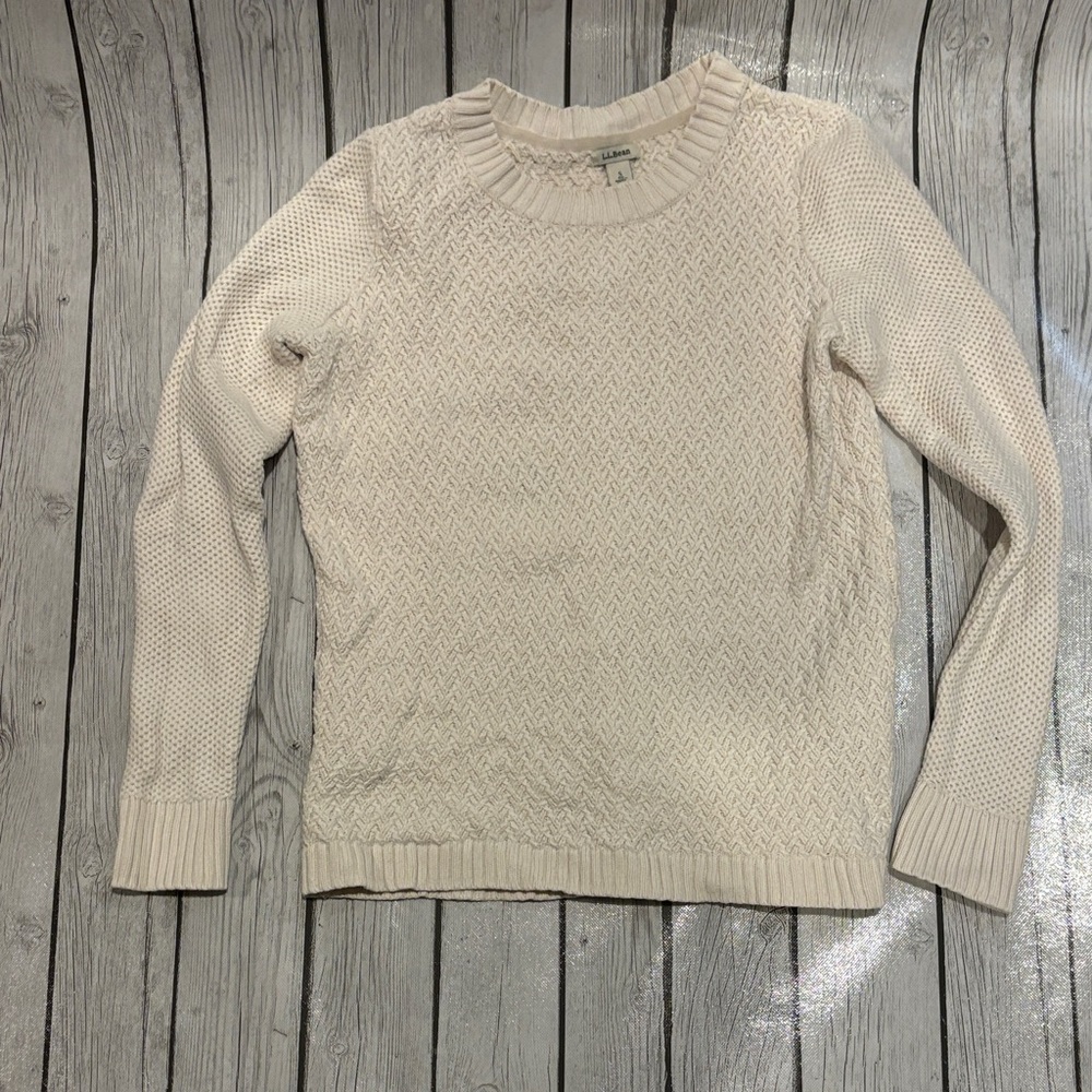 L.L. Bean Women's Cream Crew Neck Sweater cotton knit preppy size small